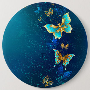 Gouden Vlinders op een Blauwe Achtergrond Ronde Button 6,0 Cm