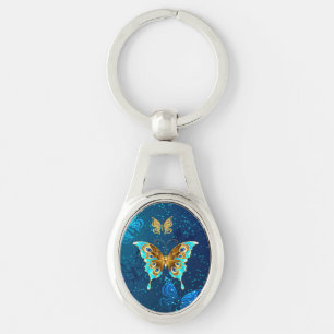 Gouden Vlinders op een Blauwe Achtergrond Sleutelhanger