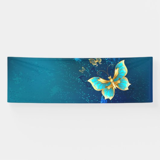 Gouden Vlinders op een Blauwe Achtergrond Spandoek (Horizontaal)