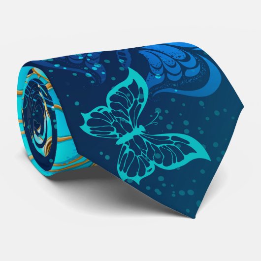 Gouden Vlinders op een Blauwe Achtergrond Stropdas (Opgerold)