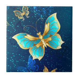 Gouden Vlinders op een Blauwe Achtergrond Tegeltje