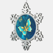 Gouden Vlinders op een Blauwe Achtergrond Tin Sneeuwvlok Ornament (Rechts)