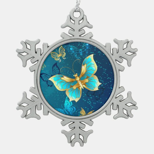Gouden Vlinders op een Blauwe Achtergrond Tin Sneeuwvlok Ornament (Voorkant)