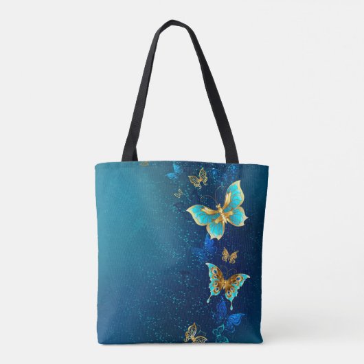 Gouden Vlinders op een Blauwe Achtergrond Tote Bag (Achterkant)