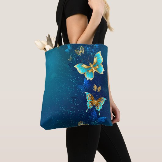 Gouden Vlinders op een Blauwe Achtergrond Tote Bag (Dichtbij)