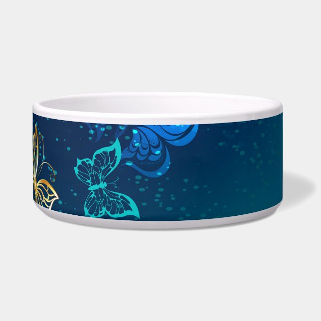 Gouden Vlinders op een Blauwe Achtergrond Voerbakje (Rechts)