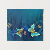 Gouden vlinders op een blauwe achtergrond wandkleed (Voorkant (horizontaal))