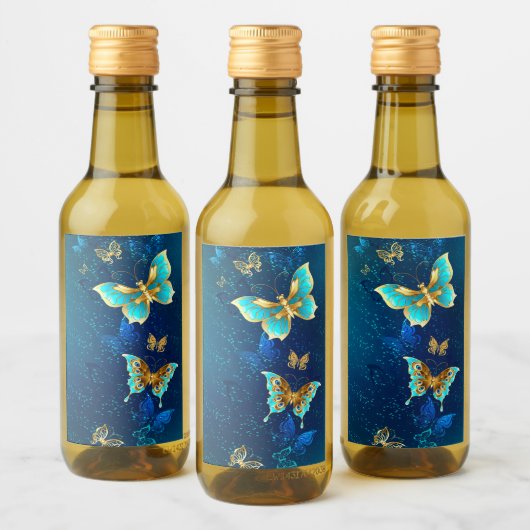 Gouden Vlinders op een Blauwe Achtergrond Wijn Etiket (Flessen)