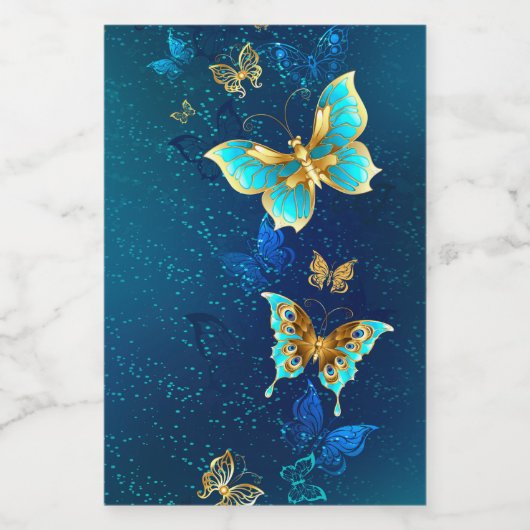 Gouden Vlinders op een Blauwe Achtergrond Wijn Etiket (Enkel label)