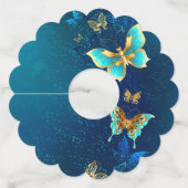 Gouden vlinders op een blauwe achtergrond wijnglaslabel (Voorkant)