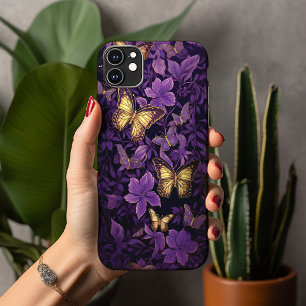 Gouden vlinders op paarse bloemen Case-Mate iPhone case