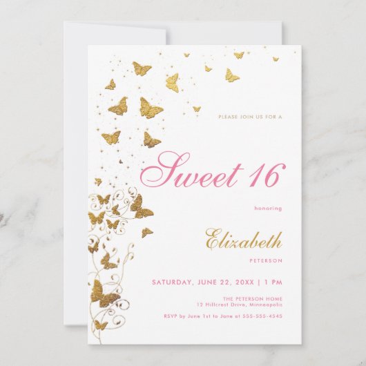 Gouden Vlinders Tuin Elegant Roze Meisje Zoet 16 Kaart (Voorkant)