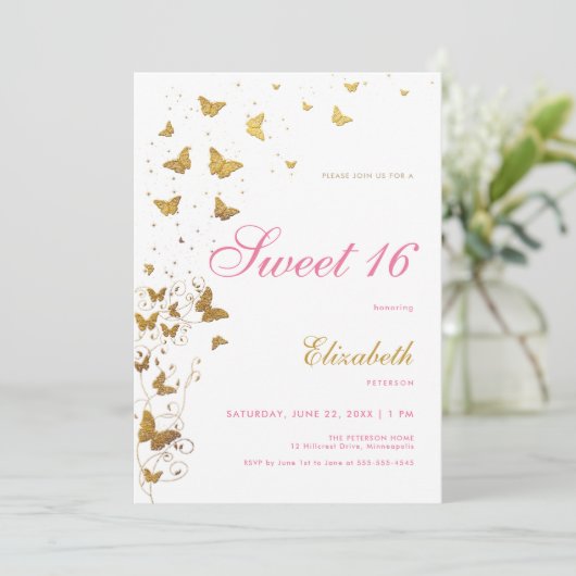 Gouden Vlinders Tuin Elegant Roze Meisje Zoet 16 Kaart (Staand voorkant)