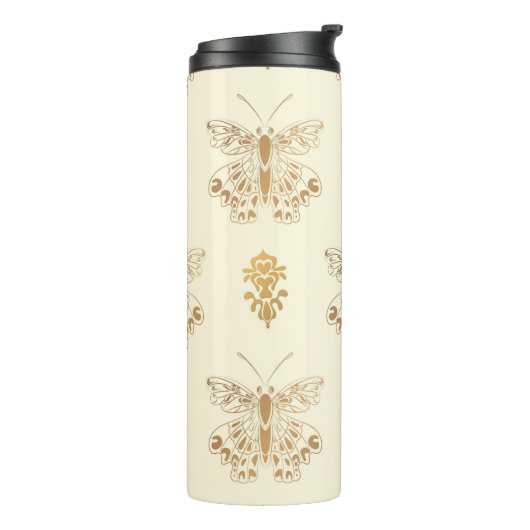 Gouden vlinders, witte naadloze  backgro thermosbeker (Gedraaid links)