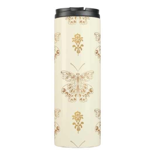 Gouden vlinders, witte naadloze  backgro thermosbeker (Achterkant)