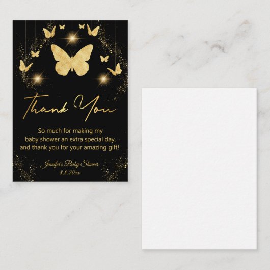 gouden vlinders zwart dank u baby shower notitiekaartje (Voorkant / Achterkant)