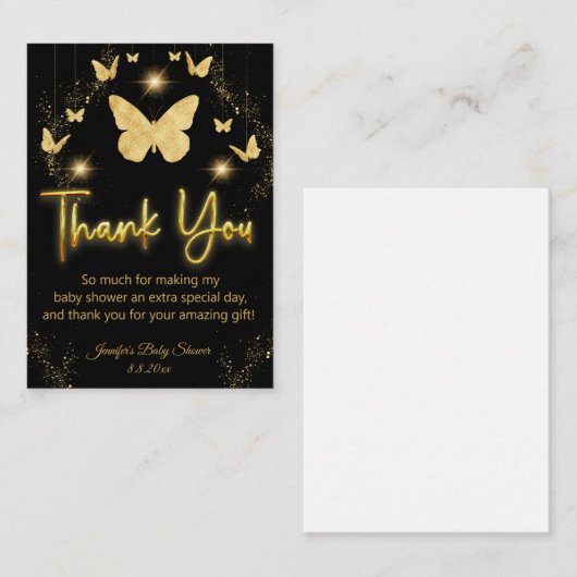 gouden vlinders zwart dank u baby shower notitiekaartje (Voorkant / Achterkant)