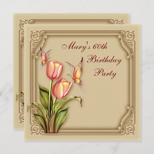 Gouden Vlindertulpen Elegant 60ste Verjaardagsfees Kaart (Voorkant / Achterkant)