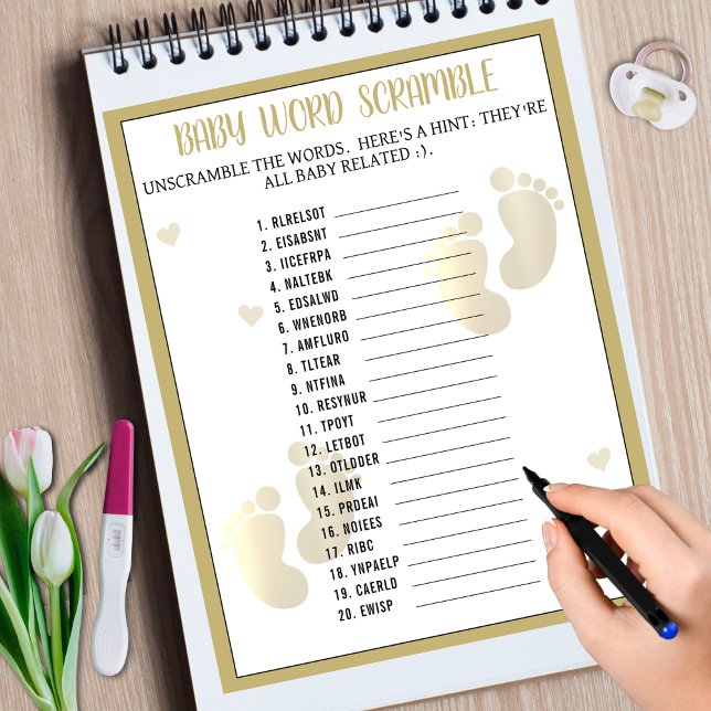 Gouden voetafdruk Word Scramble Baby shower spel (Gold Footprint Word Scramble Baby Shower Game)