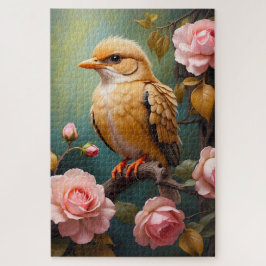 Gouden Vogel met Roze Rozen Botanisch Legpuzzel