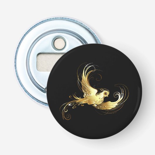 Gouden Vogel op Zwarte Achtergrond Button Flesopener (Voorkant)