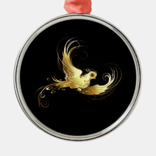 Gouden Vogel op Zwarte Achtergrond Metalen Ornament