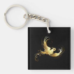Gouden Vogel op Zwarte Achtergrond Sleutelhanger