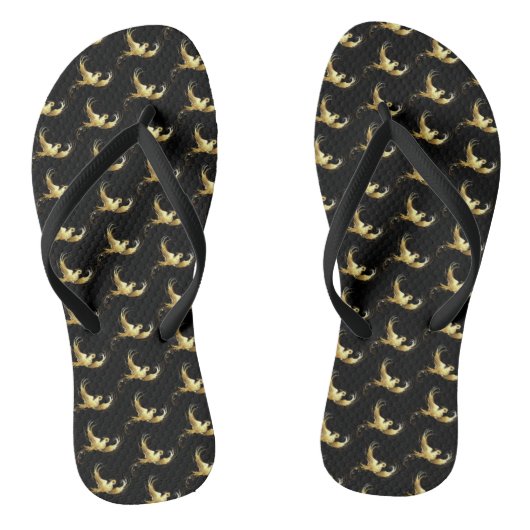 Gouden Vogel op Zwarte Achtergrond Teenslippers (Voetbed)