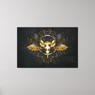 Gouden vogel schedel op zwarte achtergrond canvas afdruk
