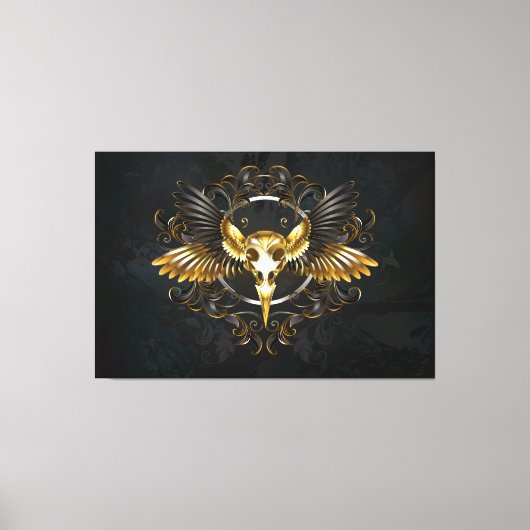 Gouden vogel schedel op zwarte achtergrond canvas afdruk (Voorkant)