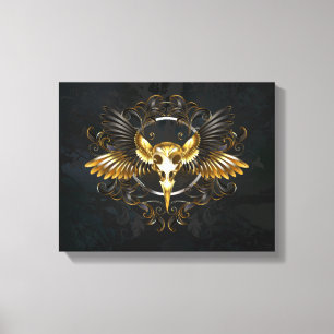 Gouden vogel schedel op zwarte achtergrond canvas afdruk