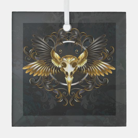 Gouden Vogel Schedel op Zwarte achtergrond Glas Ornament (Voorkant)