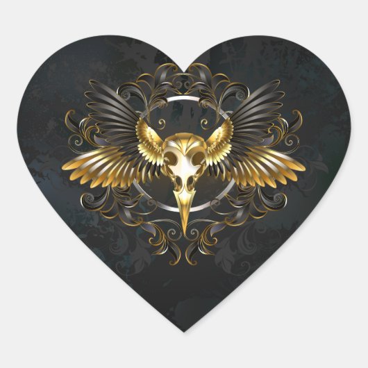 Gouden vogel schedel op zwarte achtergrond hart sticker (Voorkant)