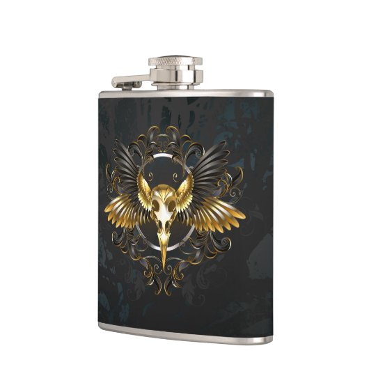 Gouden vogel schedel op zwarte achtergrond heupfles (Links)