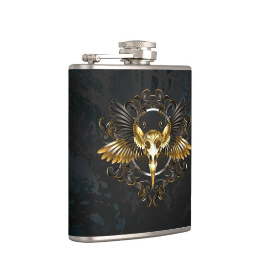 Gouden vogel schedel op zwarte achtergrond heupfles (Rechts)