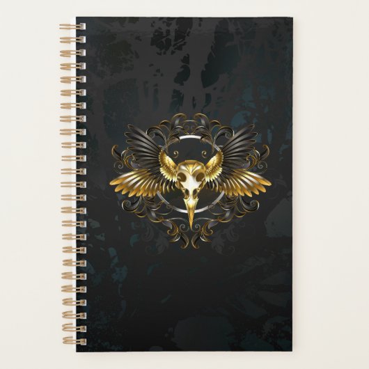 Gouden vogel schedel op zwarte achtergrond planner (Voorkant)