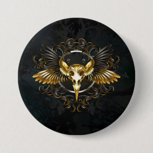 Gouden vogel schedel op zwarte achtergrond ronde button 7,6 cm