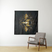 Gouden vogel schedel op zwarte achtergrond wandkleed (In Situ (horizontaal))