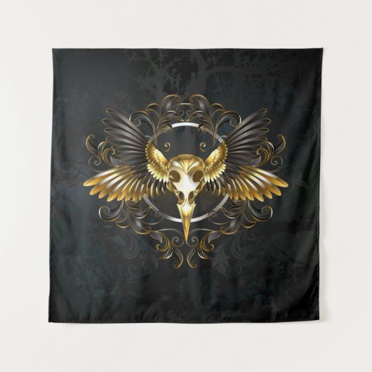 Gouden vogel schedel op zwarte achtergrond wandkleed (Voorkant)