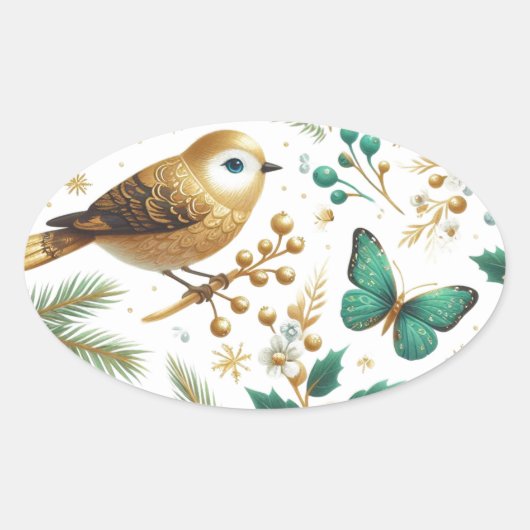 Gouden Vogel Smaragdvlinder Botanisch Ovale Sticker (Voorkant)