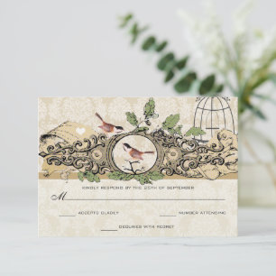 Gouden Vogelkooi Damast Eikel Vintage Liefdesvogel RSVP Kaartje