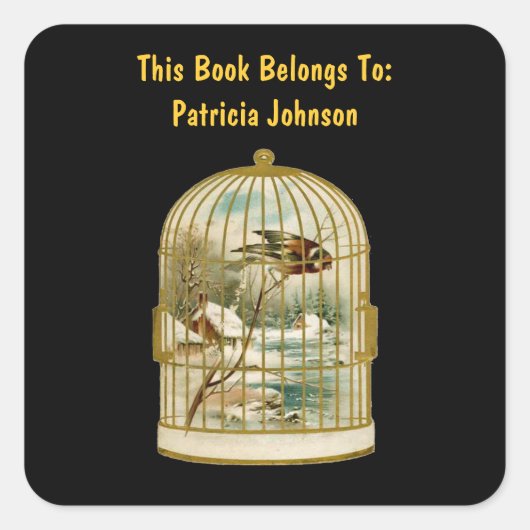 Gouden Vogelkooi Winter Scène Cabin Sneeuw Vogel Z Vierkante Sticker (Voorkant)