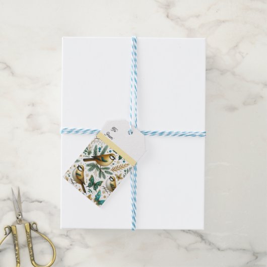 Gouden Vogels en Smaragd Vlinders Cadeaulabel (Met Touw)