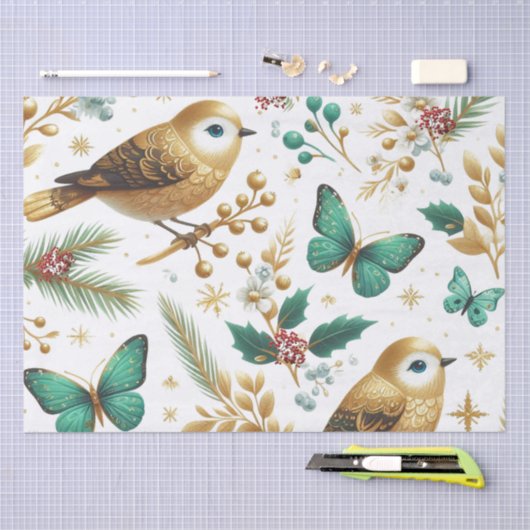 Gouden Vogels en Smaragd Vlinders Tissue Papier (Craft)