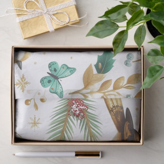 Gouden Vogels en Smaragd Vlinders Tissue Papier (Geschenk)