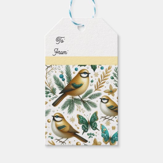Gouden vogels en smaragdgroene vlinders cadeaulabel (Voorkant)