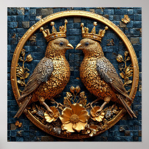 Gouden Vogels Kroon Mozaïek Elegante Luxe Kunst Poster