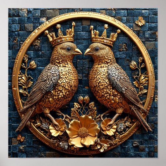 Gouden Vogels Kroon Mozaïek Elegante Luxe Kunst Poster (Voorkant)
