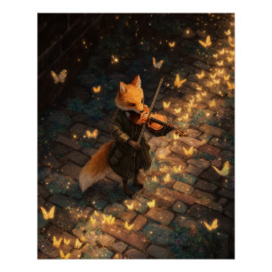 Gouden Vos Vioolspeler met Glowende Vlinders Kunst Perfect Poster
