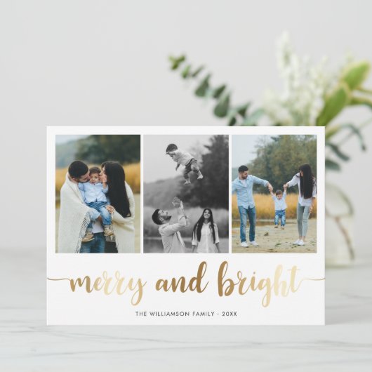 Gouden vrolijk en helder script | Vakantiefoto Feestdagenkaart (Staand voorkant)